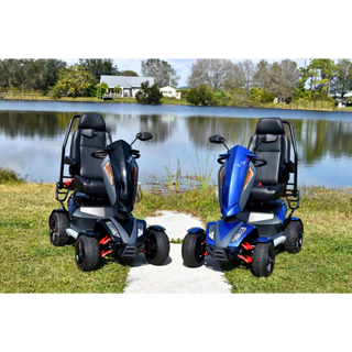 Black and Blue EV Rider Vita Monster Scooters by the Lake