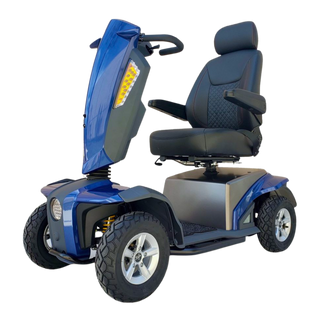 Blue VitaXpress 4 Wheel All Terrain Mobility Scooter Angled View