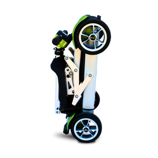 Folded Pearl Green EV Rider Gypsy Scooter on Two Wheels Side View