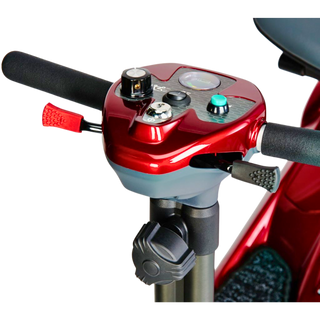 Front View of Transport AF Plus Auto Folding Mobility Scooter Control Panel in Red